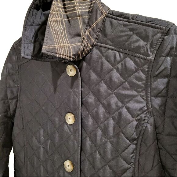 Chico's  Black X-Small Quilted Jacket Plaid Lining Collared Buttons Lightweight - Picture 9 of 15